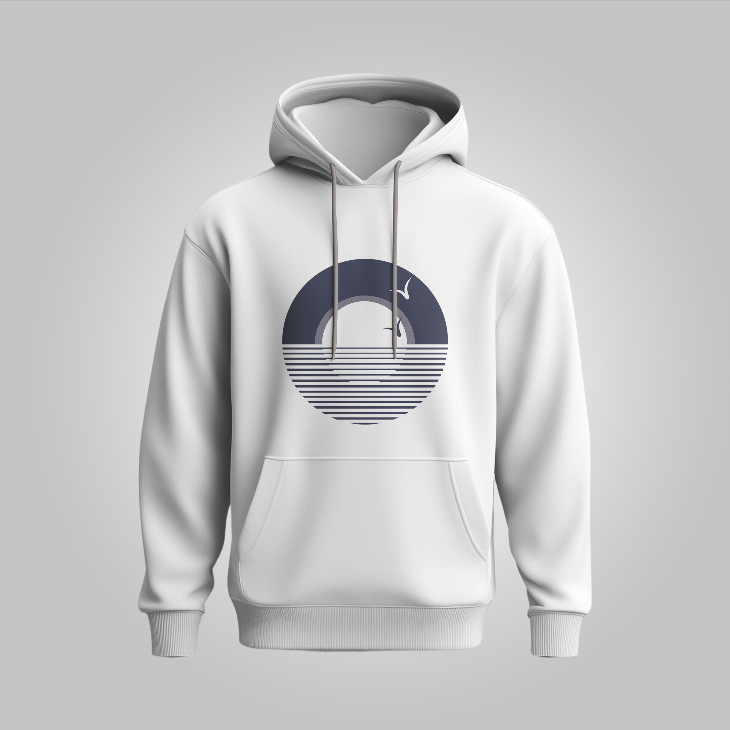 White hoodie with a blue and gray design on a gray background
